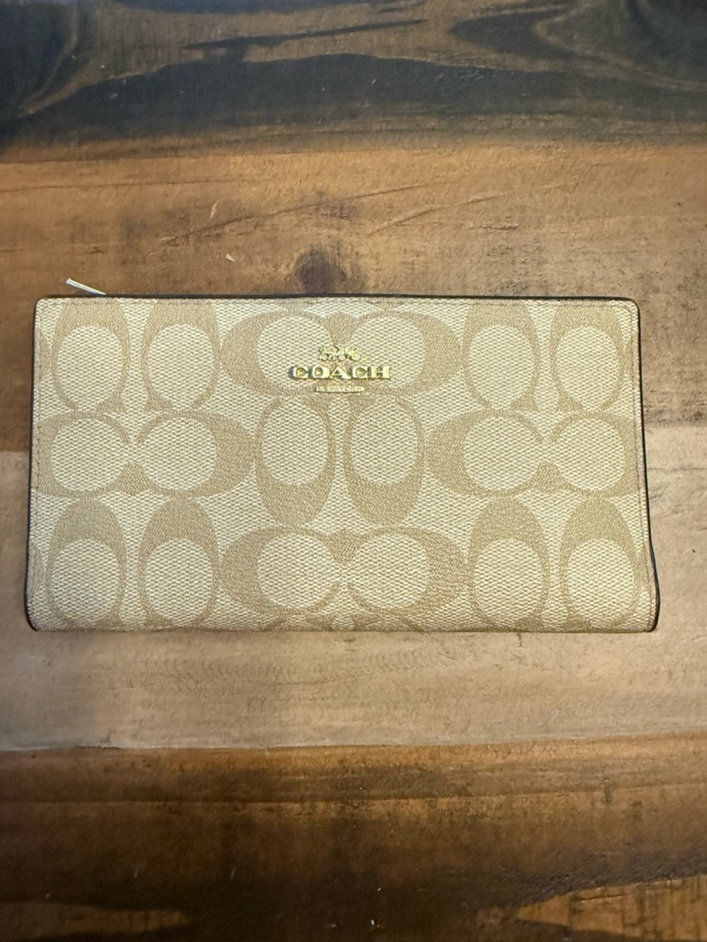 Coach Beige Logo Print Women's Clutch Wallet with Zippered Coin Pocket